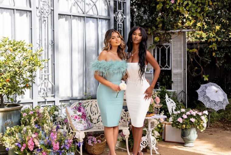 Cl127227 blue bardot feather midi dress cl126774 white bandeau midi with lace up detail 1 scaled
