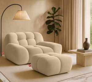 Konsimo polstergarnitur vena sessel mit polsterhocker japandi premiumqualitaet aus eu 2 tlg 1x sessel 1x hocker handgefertigter bubble effekt organische form boucle hellbeige