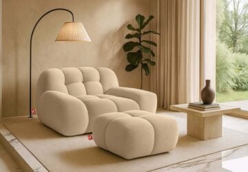 Konsimo polstergarnitur vena sessel mit polsterhocker japandi premiumqualitaet aus eu 2 tlg 1x sessel 1x hocker handgefertigter bubble effekt organische form boucle hellbeige