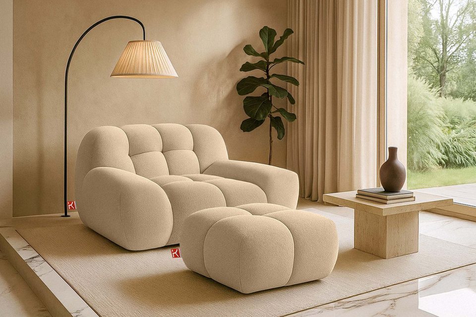 Konsimo polstergarnitur vena sessel mit polsterhocker japandi premiumqualitaet aus eu 2 tlg 1x sessel 1x hocker handgefertigter bubble effekt organische form boucle hellbeige