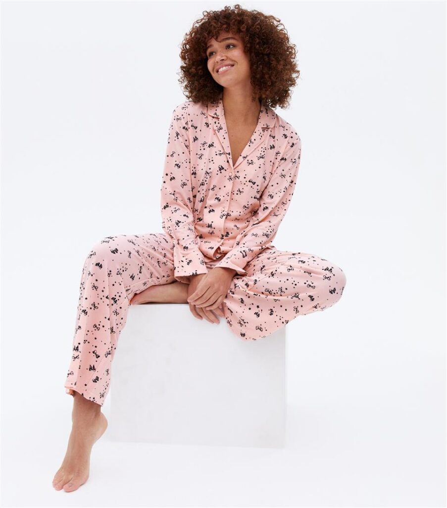 Pink Soft Touch Trouser Pyjama Set With Bow Print